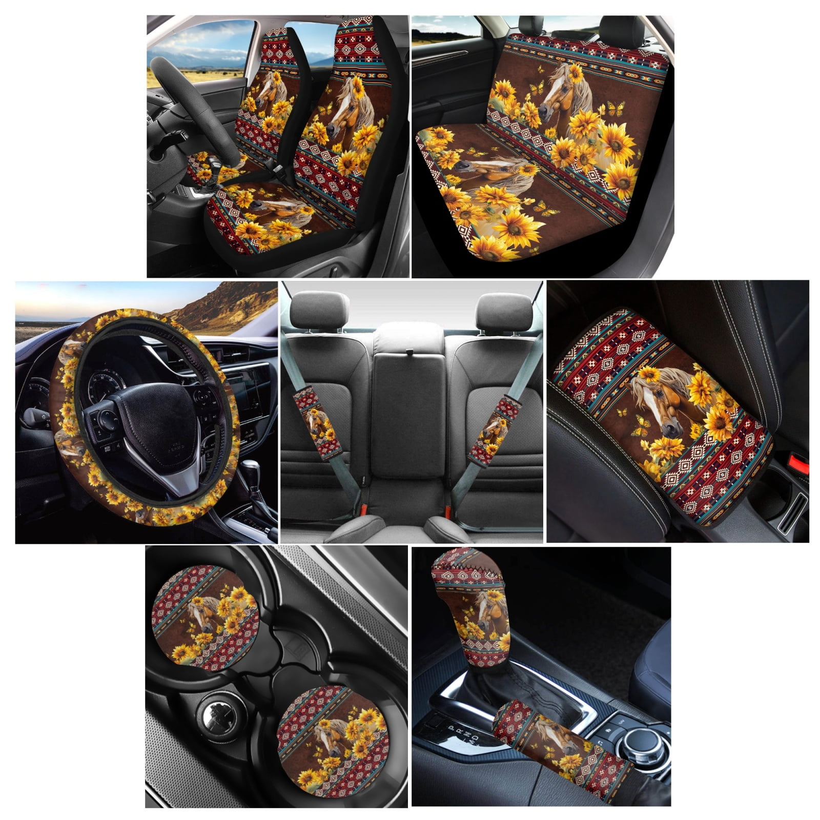 Renewold American Tribal Horse Sunflower Red Car Seat Cushion Covers Set of 12, Classic Front and Back Seat Protector, Vehicle Seat Covers Car Interior Accessories Decor Universal Fit Most Cars