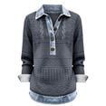 thumbnail image 4 of Women's Oversized Tshirts Denim Knit Patchwork Button Up Pullover Long Sleeve Shirts for Women, 4 of 5