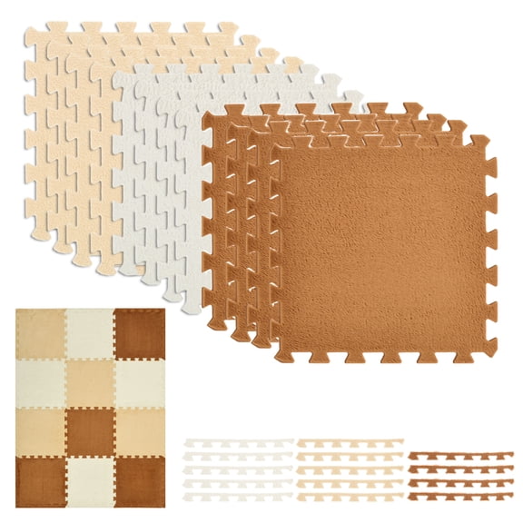 12 Pcs Plush Carpet Squares Puzzle Mat, 11.8" Interlocking Foam Floor Tiles with Border – Soft Play Mat for Baby, Toddlers & Playroom