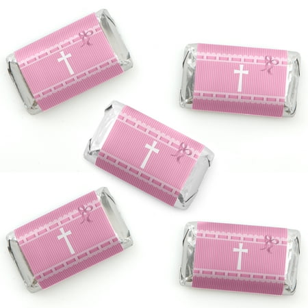 Baptism Candy Wrappers - Delicate Pink Cross - Mini Candy Bar Wrapper Stickers - Baptism or Baby Shower Small Favors - 40 Count
