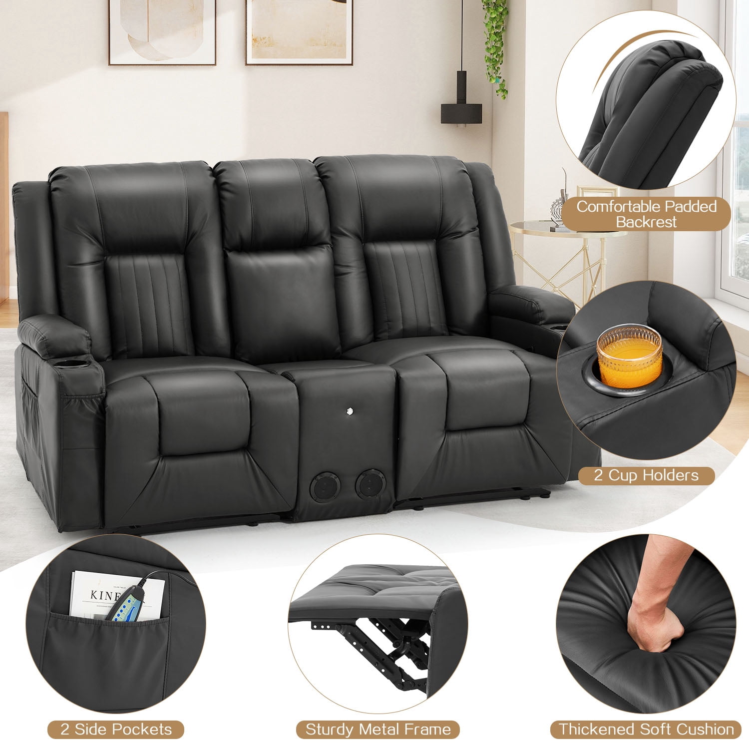 AECOJOY Loveseat Recliners with Console&Bluetooth Speakers, Recliner Chair Reclining Sofa with USB Ports&4 Cup Holders, 2 Side Pockets Wall Hugger Recliner Home Theater Seating, Fuax Leather, Black