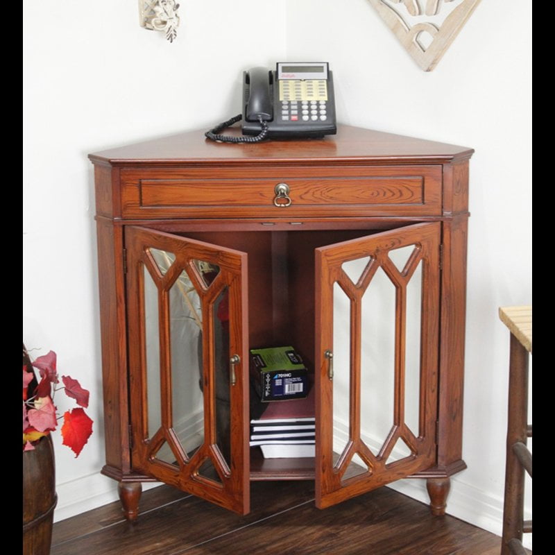 32' Mahogany Veneer Wood Mirrored Glass Corner with a Drawer