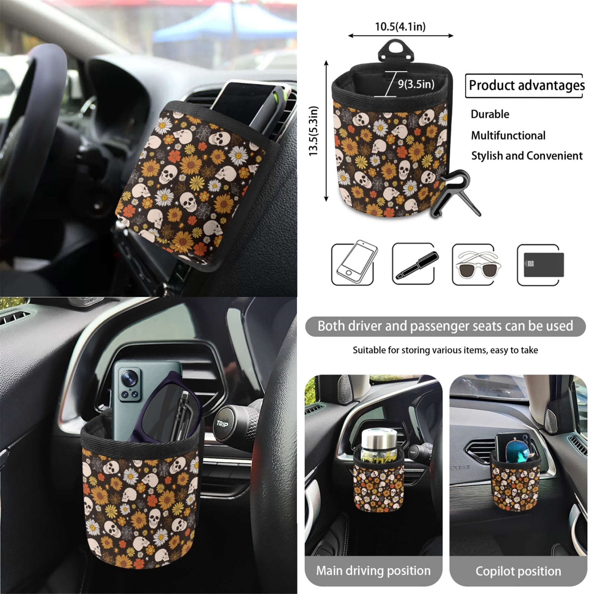 Yuyamidu Skull Car Seat Covers Full Set Daisy Auto Steering Wheel Cover Sunflower Seat Belt Pads Coasters Trash Bin Hanging Storage Bag Cup Holders Rearview Mirror Cover Key Ring 15 PCS