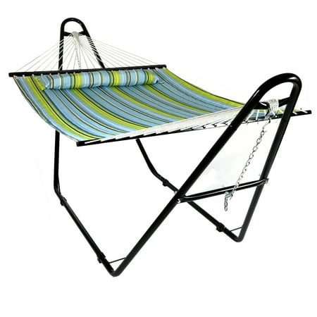 Sunnydaze Double Quilted Fabric Hammock with Multi-Use Universal Steel Stand, Blue and Green Striped, 2-Person, 450 Pound
