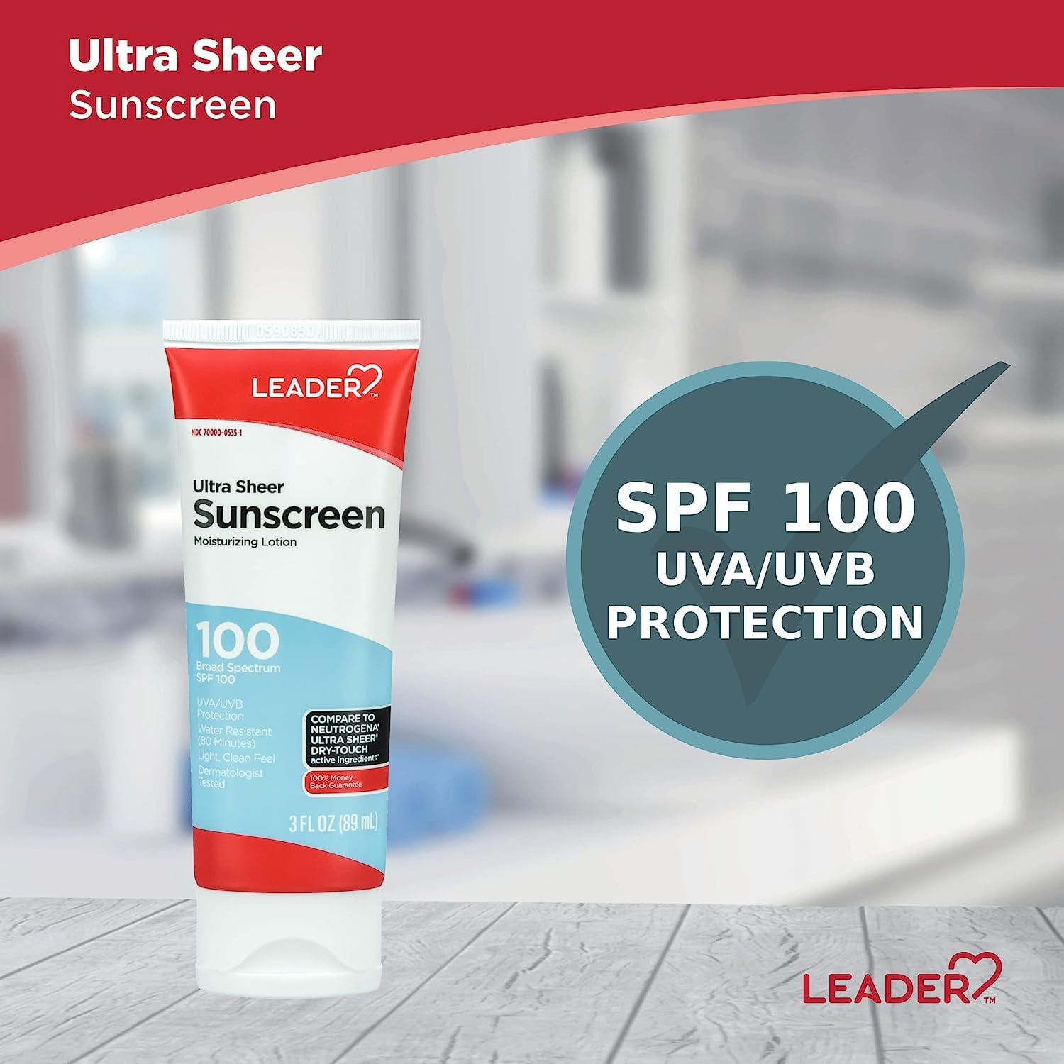 LEADER Travel Sunscreen SPF 100+, Ultra Sheer Dry-Touch Water Resistant and Non-Greasy Lotion with Broad Spectrum SPF 100+, 3 Fl Oz (Pack of 2)