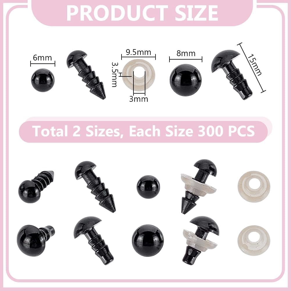 600Pcs 6mm 8mm Safety Eyes for Amigurumi with Washers Plastic Black Safety Crochet Eyes for Crafts Stuffed Animal Eyes for Decorations Crochet Animals Crafting Black DIY