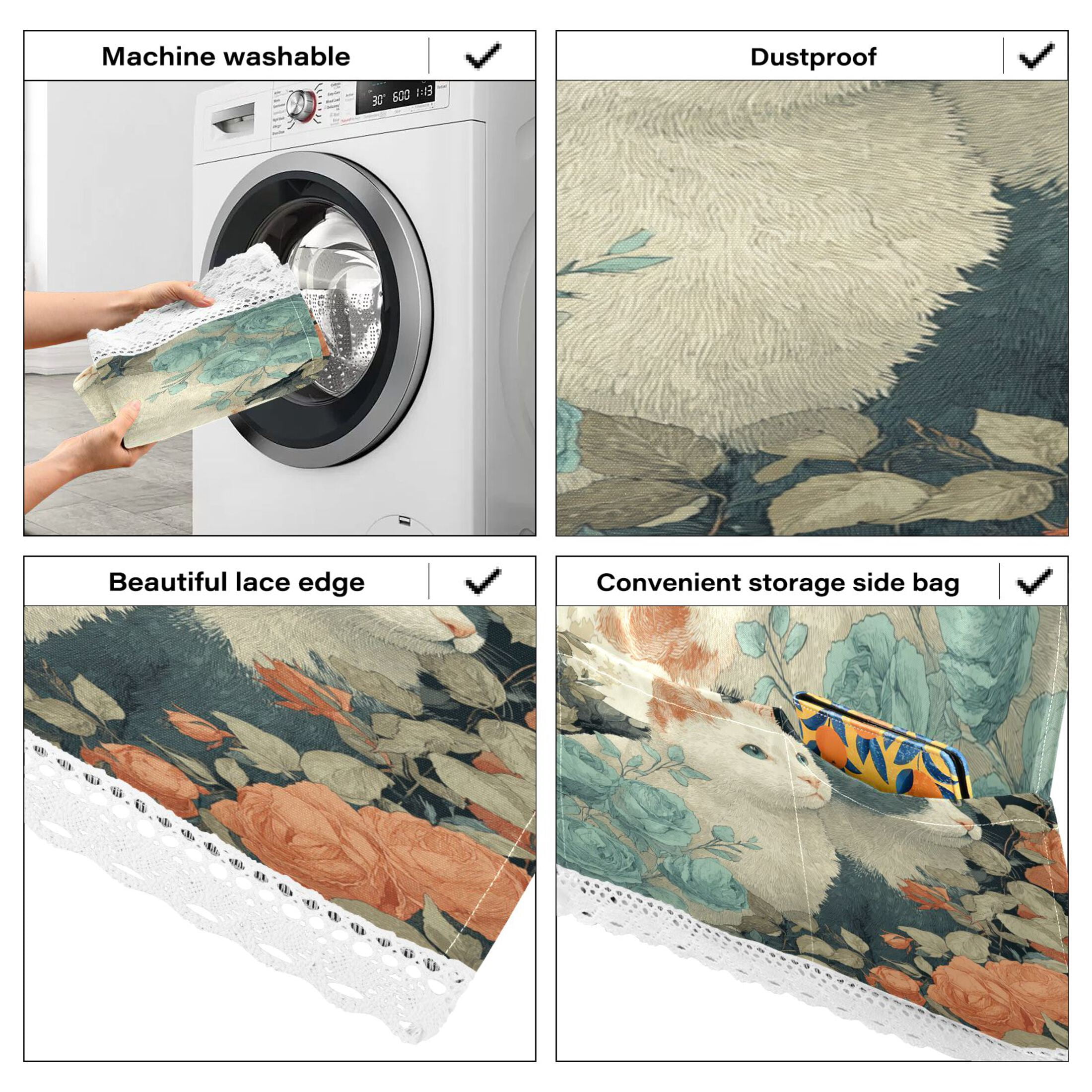 Wobogo Moonlit Cat Roses Washing Machine Cover Dustproof Washer Dryer Cover Waterproof Laundry Room Decorative Protector