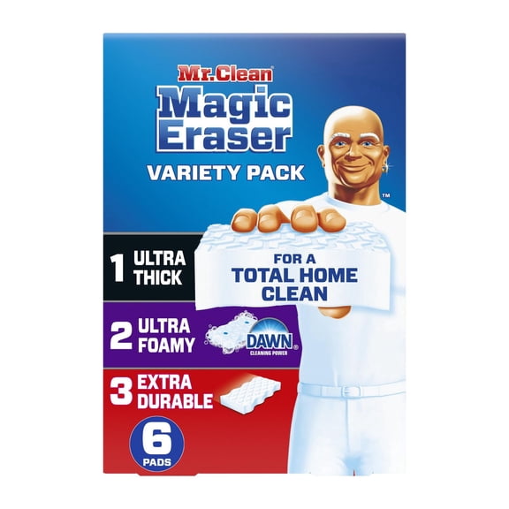Mr. Clean Magic Eraser Variety Pack with Ultra Thick, Ultra Foamy, and Extra Durable Multi Purpose Cleaner, Magic Eraser Sponge Multi Surface Cleaner, 6-Count
