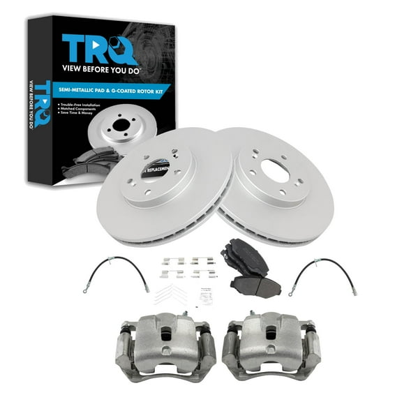 TRQ Front Brake Pad & Rotor Kit Brake Caliper Brake Hose Brake Pads Brake Rotor Semi-Metallic Premium G-Coated Fits Select 2003-2008 Honda Pilot