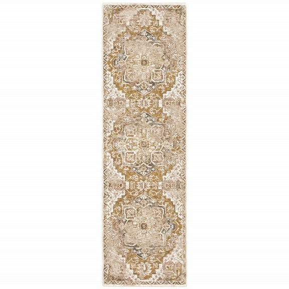 HomeRoots Gold And Ivory Oriental Power Loom Stain Resistant Runner Rug With Fringe