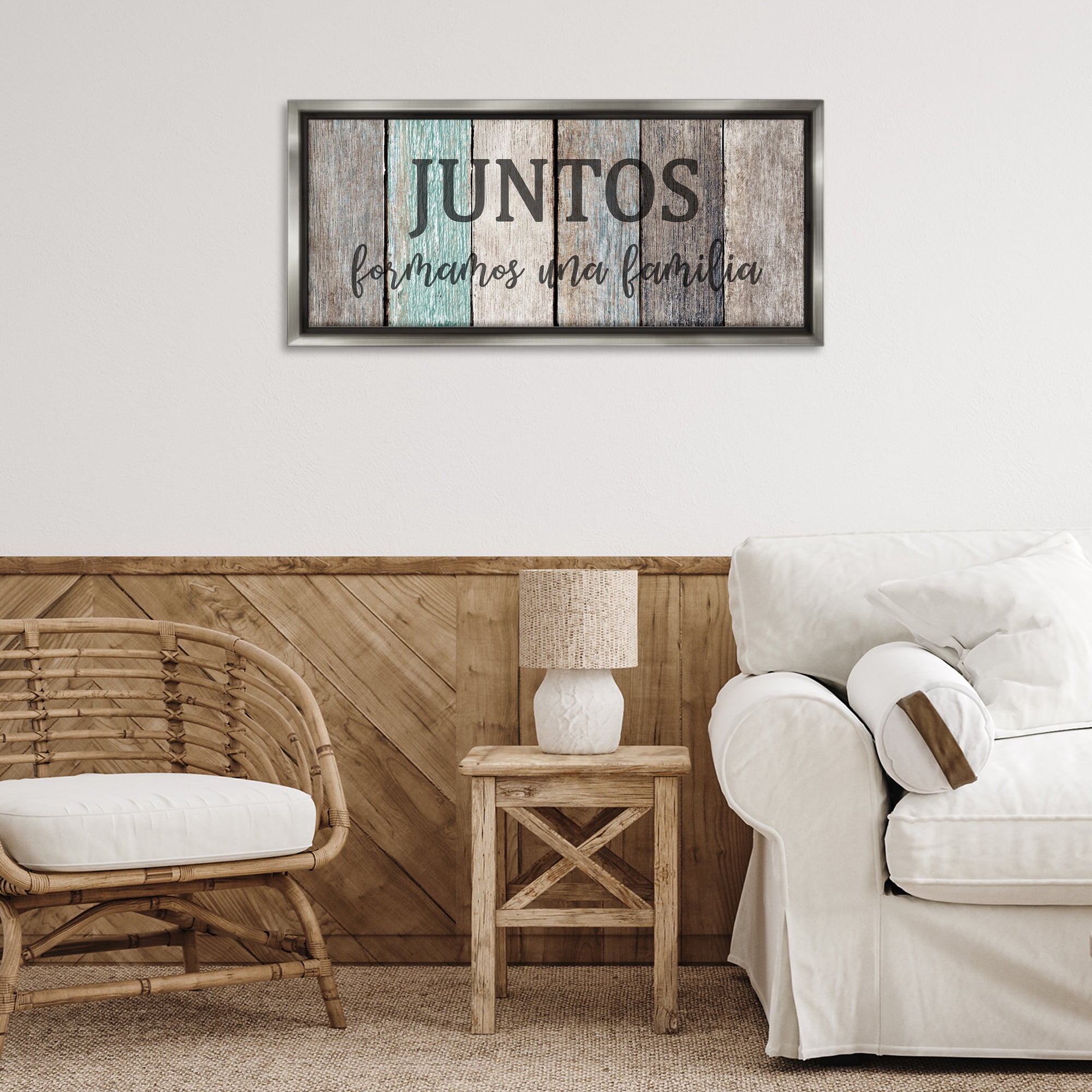 Stupell Industries Juntos Formamos una Familia Inspirational Quotes & Sayings Painting Gray Floater Framed Art Print Wall Art, 31 x 14