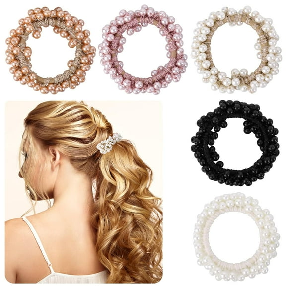 Dalrosia 5PCS Pearl Hair Ties Elastic Scrunchies Stretchy Bands Bead Ropes Hair Accessories for Women Girls Ponytail Thick Hair