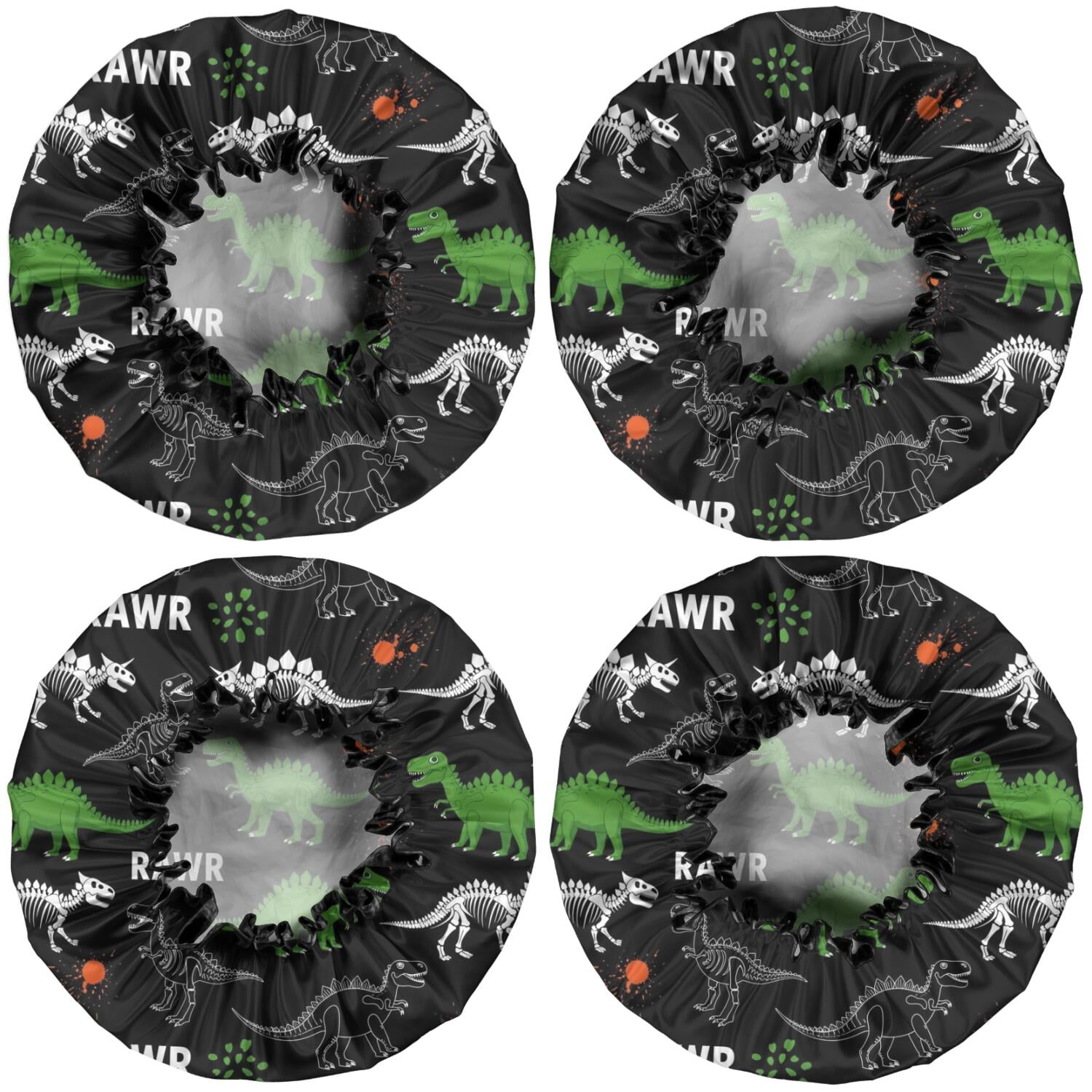 Shower Caps,Black Cartoon Dinosaurs Rawr Pattern Waterproof Shower Cap for Women 4 Pieces,Double Reusable Hair Cover for Shower PEVA Elastic Stretch Hem