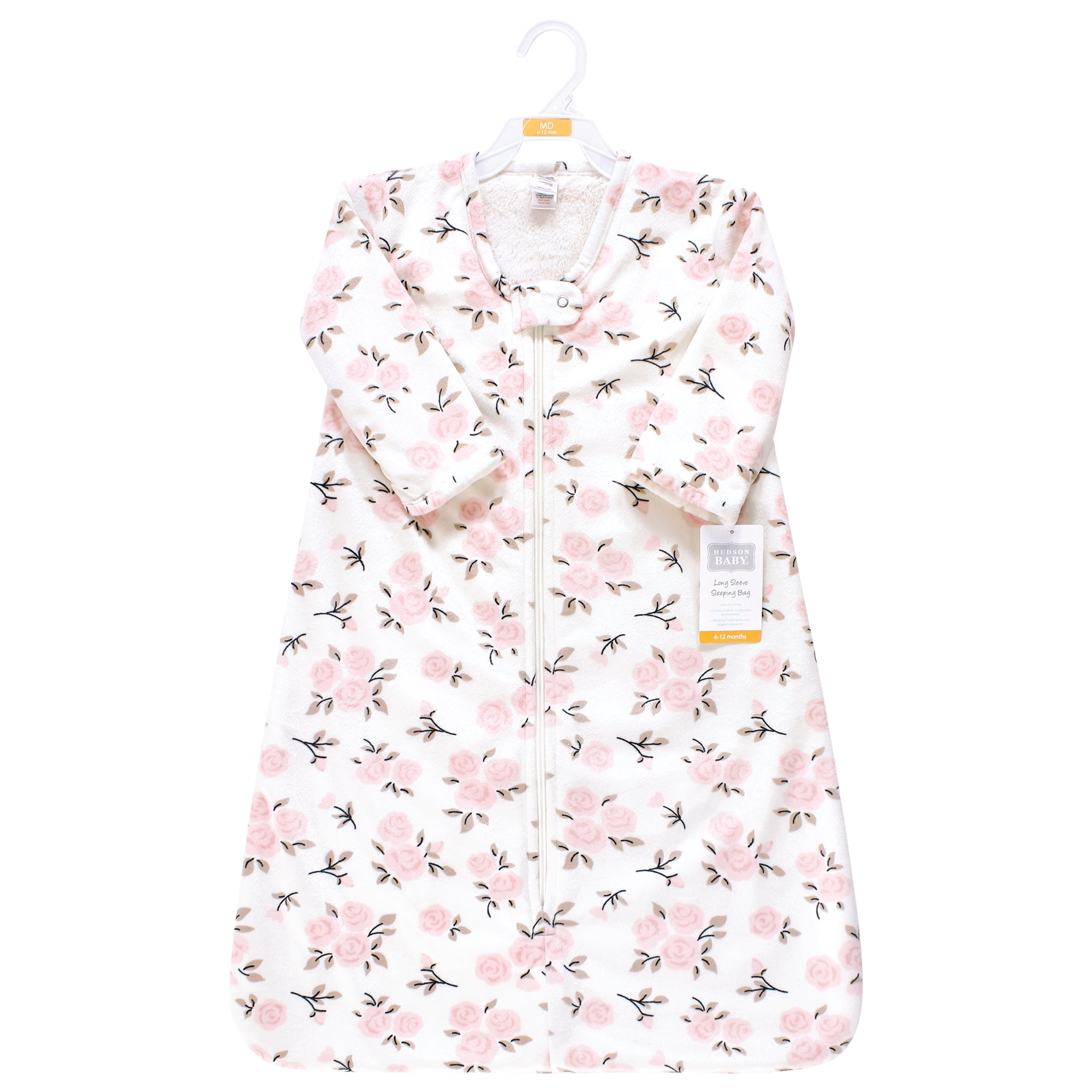 Hudson Baby Infant Girls Long Sleeve Plush Faux Fur Sleeping Bag, Wearable Blanket, Neutral Pink Floral, 18-24 Months