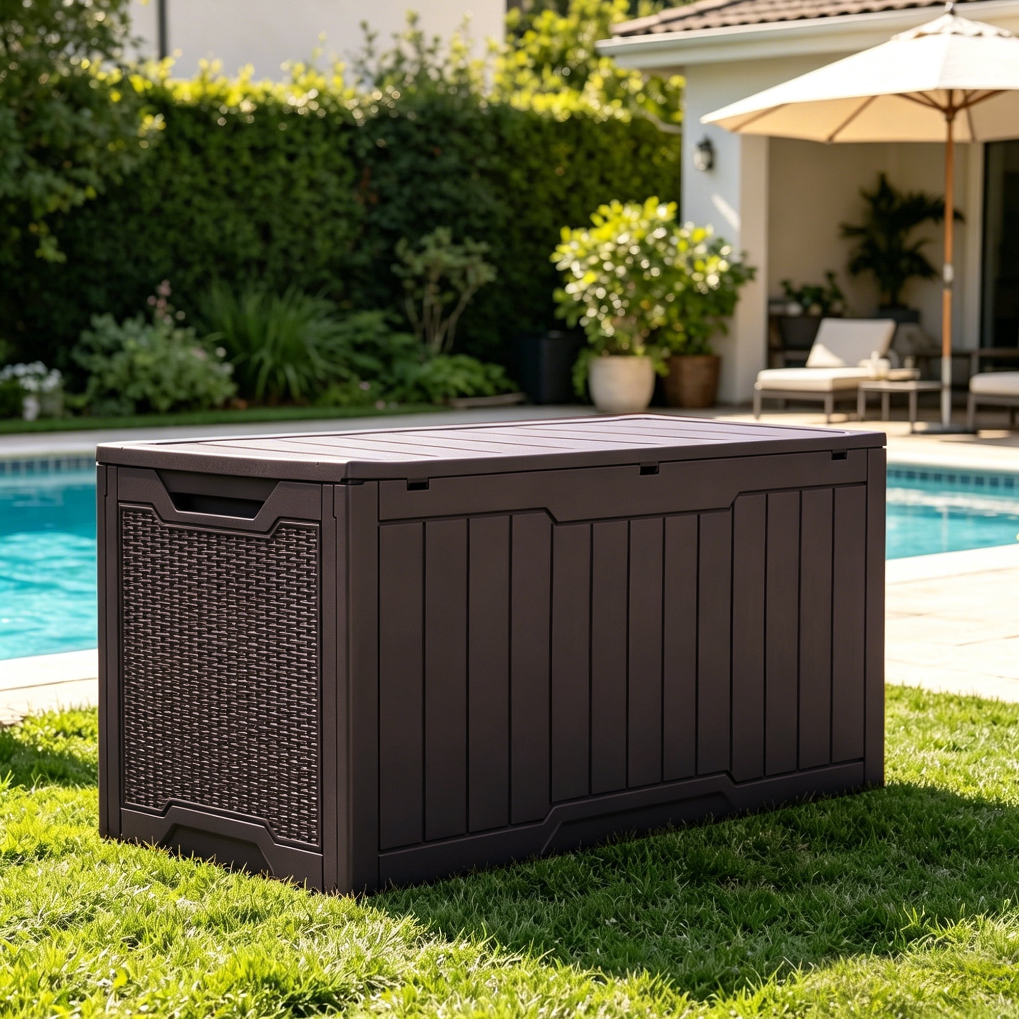 Uforic 100 Gallon Weatherproof Resin Deck Box, Lockable Outdoor Storage Container for Patio Cushions, Garden Tools and Pool Supplies, Dark Brown
