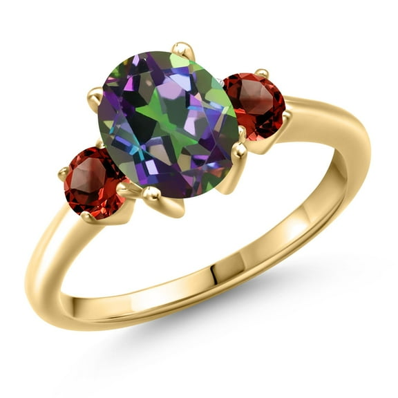 Gem Stone King 18K Yellow Gold Plated Silver Green Mystic Topaz and Red Garnet Engagement Ring for Women | 3.04 Cttw | Oval 9X7MM | Gemstone November Birthstone | Size 5