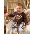 thumbnail image 6 of RUINIXCW Toddler Baby Girl Thanksgiving Halloween Outfit Infant Baby Girls Fall Clothes Turkey Ghost Embroidery Long Sleeve Ruffled Shirt Tops and Striped Bell Bottoms 2 Pcs Set, 6 of 9
