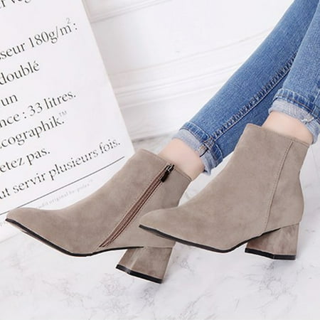

Tangnade Women shoes Fashion Pure Color Square Toe Zipper Boots Square Heels Casual Women Boots Beige 37