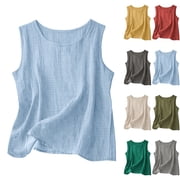 Lcziwo Summer Cotton Linen Tank Tops for Women Crew Neck Sleeveless Gauze Shirts Lightweight Loose Casual Blouses Gray,XXL