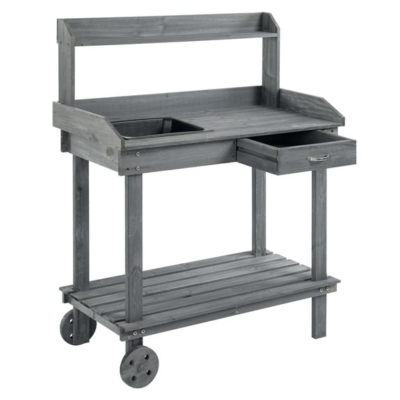 Wooden Potting Bench with Sink & Wheels - 36'' Outdoor Garden Work Table - Storage Shelves & Drawer - Gray Gray Wood