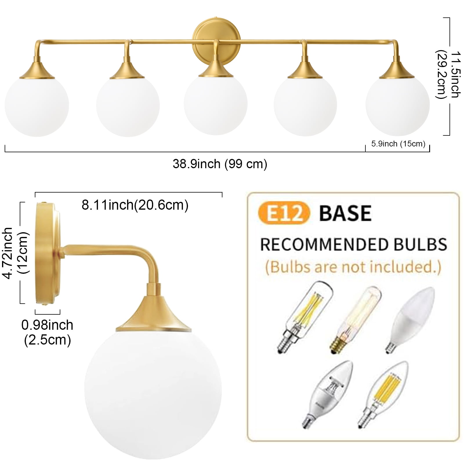 Deyidn 5-Light Gold Modern Vanity Light, 39 Inch Dimmable Bathroom Light Fixture with Opal Glass Globes for Mirror