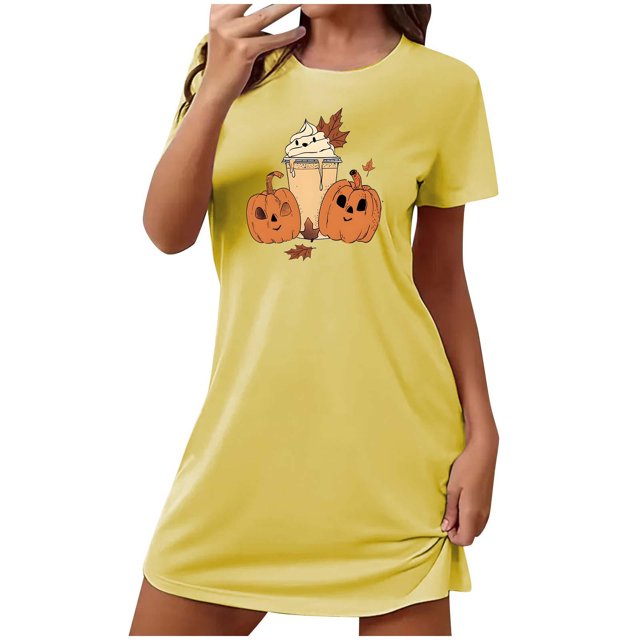 Tnhcen Robe de Nuit Grande Taille Halloween Imprimé Drôle de Dessin Animé Manches Courtes Col Rond Longueur Courte Polyester Spandex P-2TG pour Chaque Corps