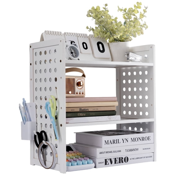Marsrock 2-Tier White Pegboard Bookshelf, Desktop Organizer with Pen Holder