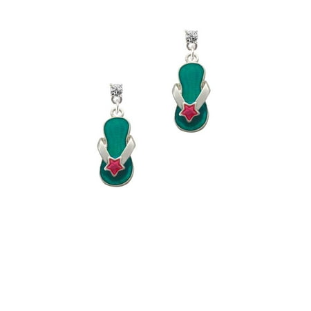 Austrian Crystal Flip Flop - Silvertone Tropical Blue Flip Flop with Pink Star Clear Crystal Post Earrings