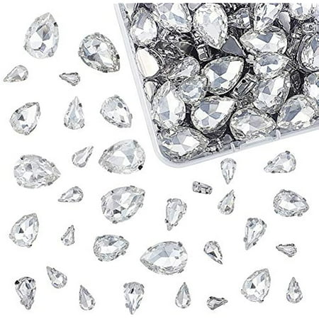 

100pcs Sew On Rhinestones Teardrop Sewing Clear Glass with Platinum Plated Prongs Cup Mixed Size Flatback Claw Rhinestones for Jewelry Costume Dress and Shoes