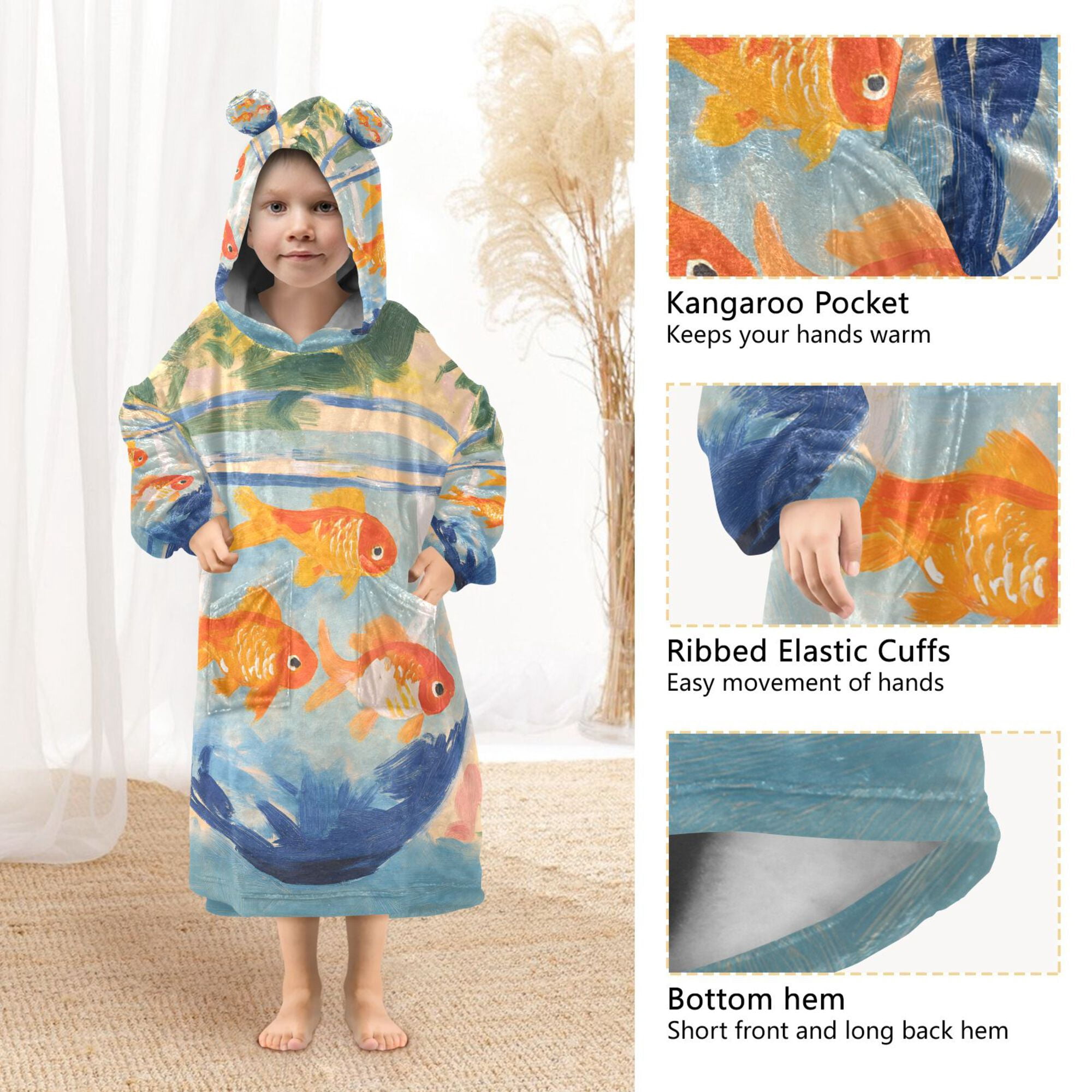 FORMRS Wearable Blanket Hoodie with Sleeves for Kids Cozy Flannel Sweatshirt, Blue Goldfish Bowl