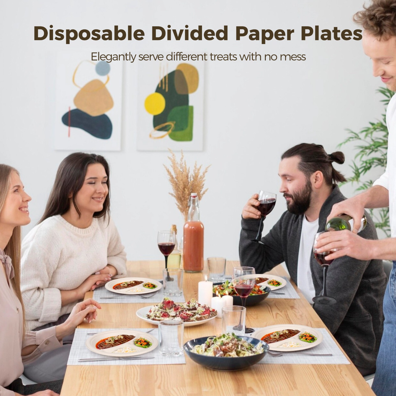125 Pcs Disposable Paper Plates, 9" 3-Compartment Plates, Waterproof & Oil-resistant Divided Plates, Microwave Safe, Heavy-duty Round Plates for Party, Picnic, BBQ, and Everyday Meals