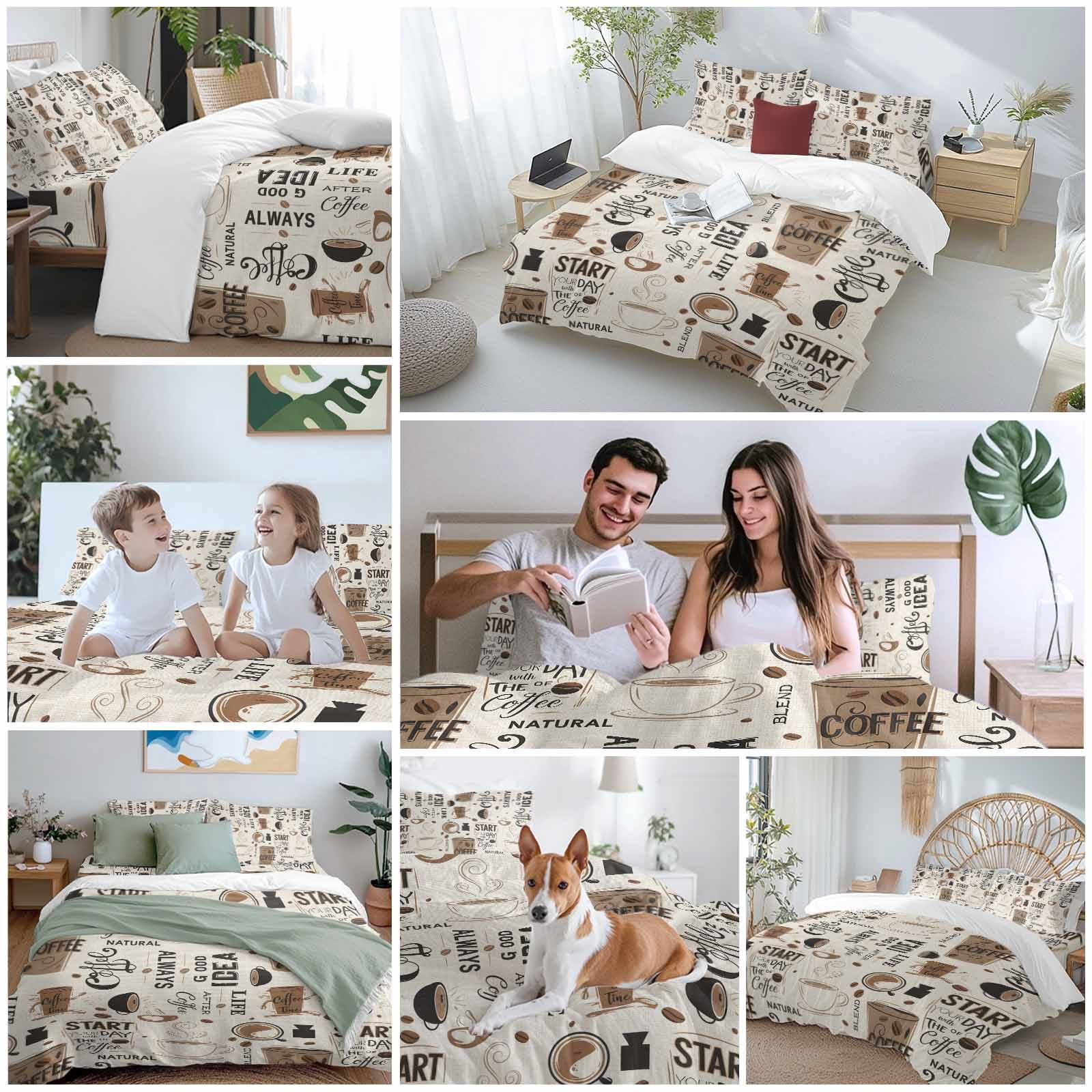 Coffee Cup Bedding Duvet Cover Set Full Size 4 Pieces Coffee Beans Linen Background Soft Twill Plush Quilt Cover, Include 1 Duvet Cover 1 Flat Sheet And 2 Pillow
