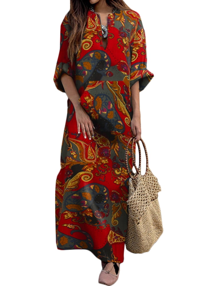 VONDA Women's Long Sleeve Print Dress Casual Vintage Maxi Dress ...