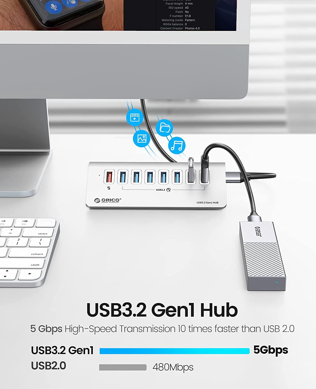 ORICO Powered USB Hub 3.0 Desk Aluminum USB Splitter Hub with 7 USB 3.0 Data Ports + 1 Fast Charging Ports 18w,12v3a Power USB Adapter with 3.28ft Cable