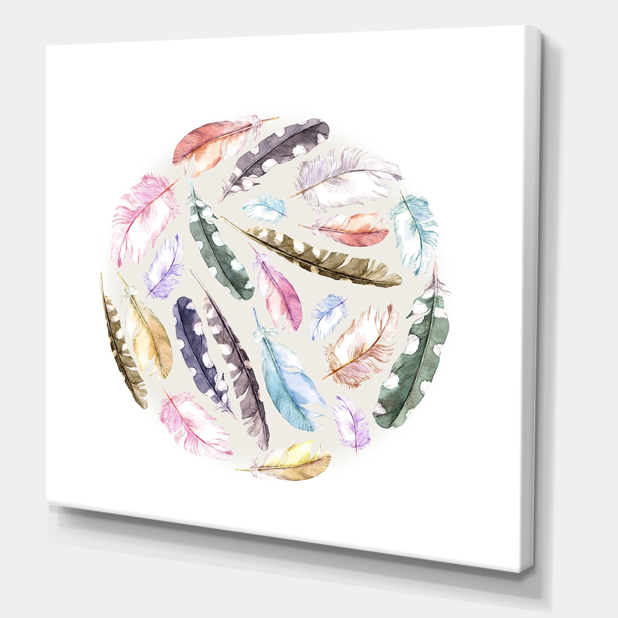 Designart ' Ancient Bird Feathers In Circle ' Traditional Canvas Wall Art Print