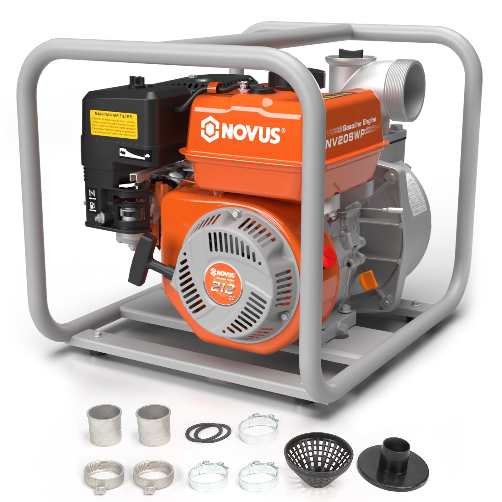 NOVUS Semi Trash Pump 2 inch, Gas Powered Water Pump for Pond Pool Draining Gardening Irrigation 141 GPM 100ft Lift 23ft Suction, EPA Certified