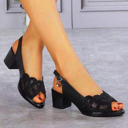 

Aayomet Summer Sandals Heel Mouth Ladies Cutout Fish Sandals Rhinestone Mesh Fashion Women s sandals Black 8.5
