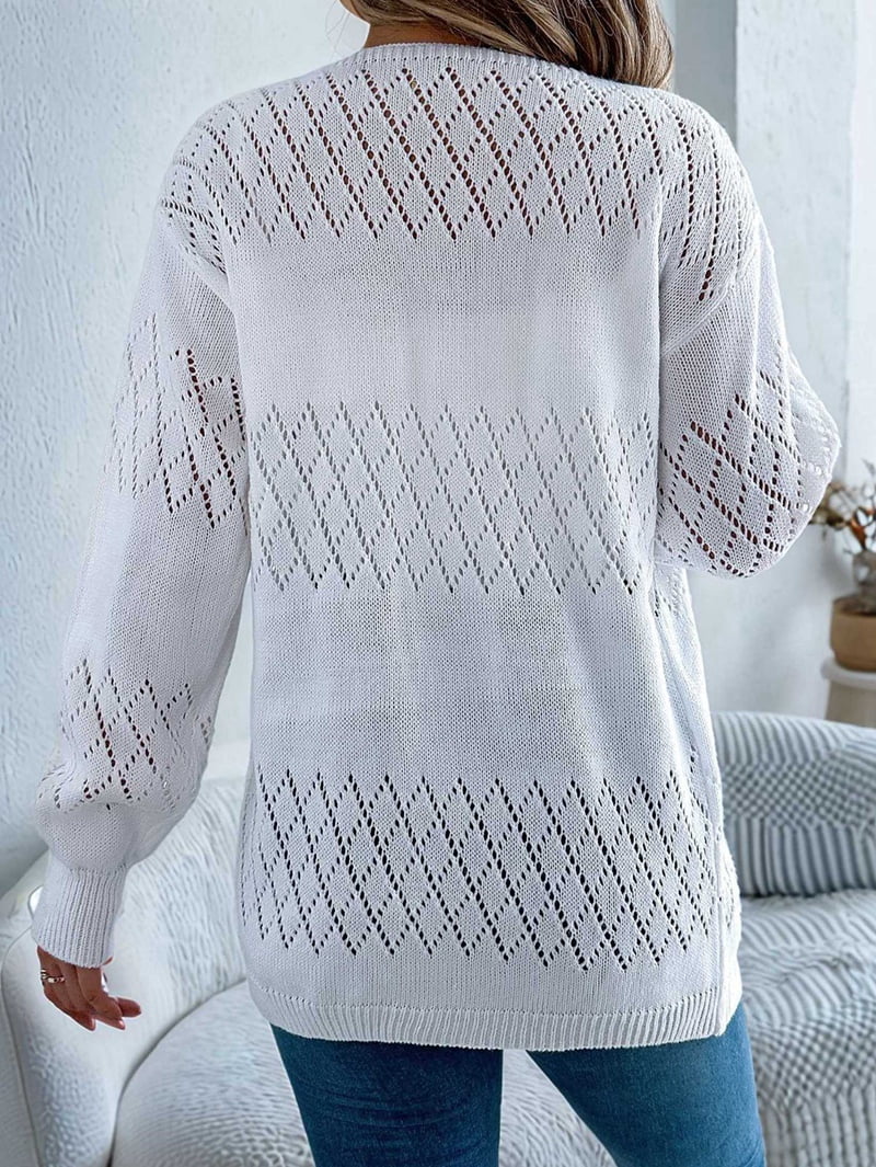 Womens Summer Crochet Cardigan Long Sleeve Light-Weight Casual Knit Sweaters White M