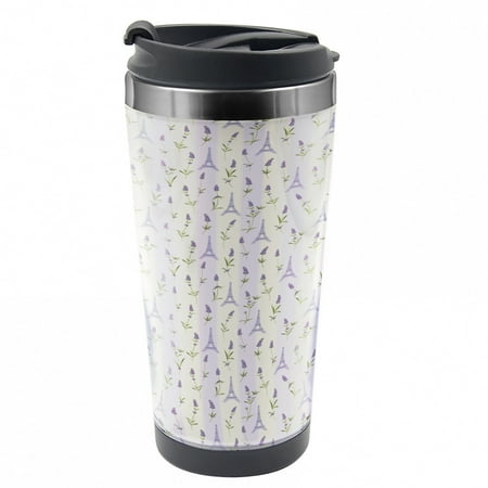 

Paris Travel Mug Lavender Eiffel Pastel Steel Thermal Cup 16 oz by Ambesonne
