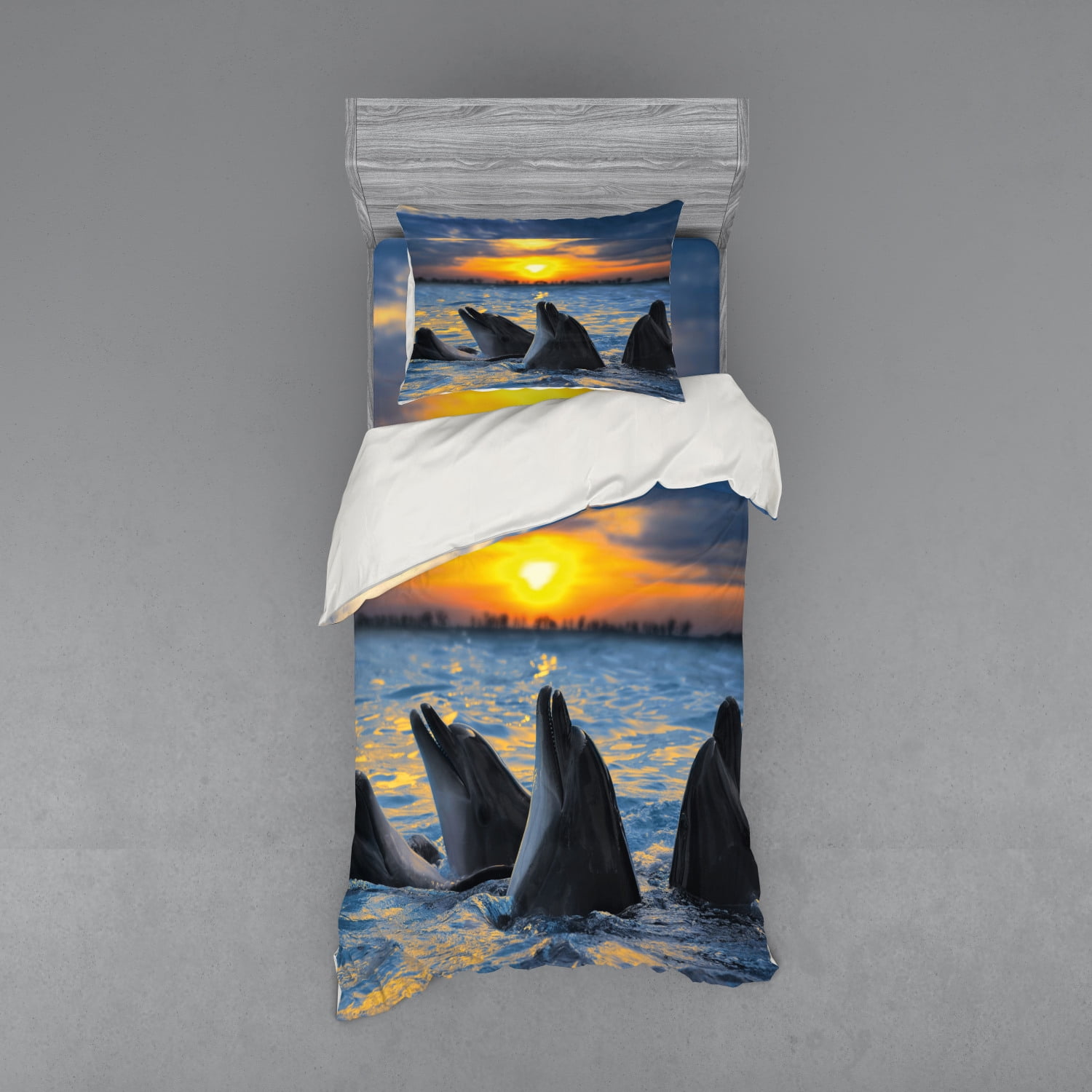 Animal Duvet Cover Set, Photo of the Bottle Nosed Dolphins in Sunset