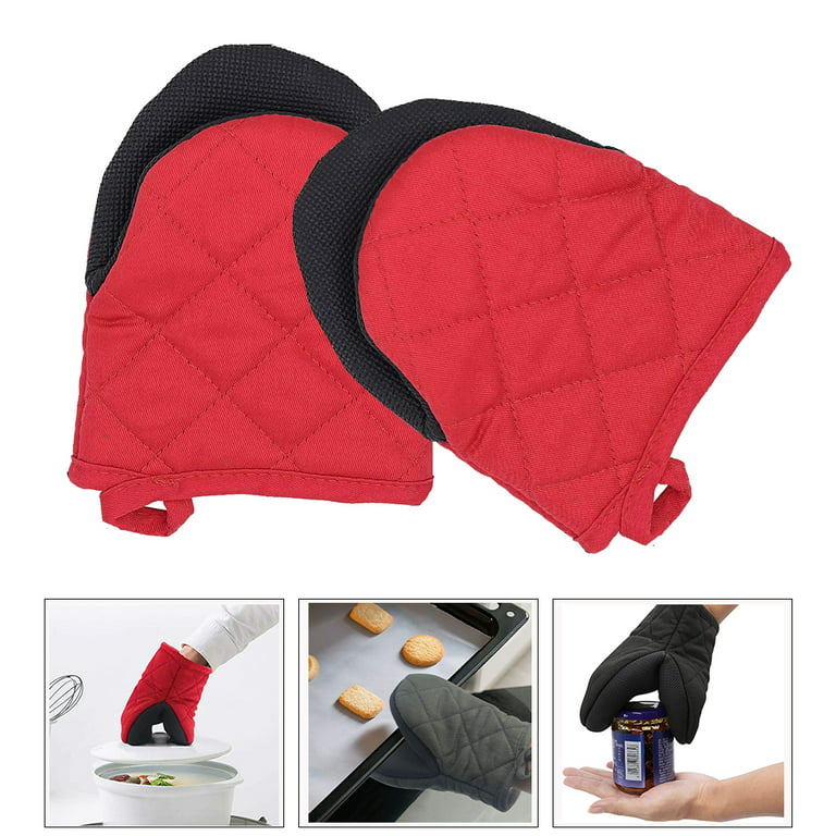 TeamSky Short Oven Mitts, Oven Gloves Cooking Mitts Pair Heat Resistant,  Pot Holder with Non-Slip Grip and Hanging Loop, Set of 2pcs, Red 
