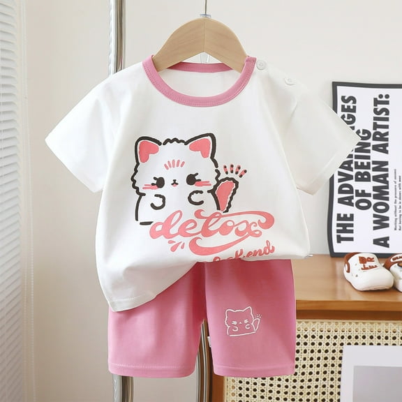 Cethrio Kids Girls Outfit Sets, Short Sleeve Cotton Summer Shirts and Shorts Sets Pink Size 5-6 T