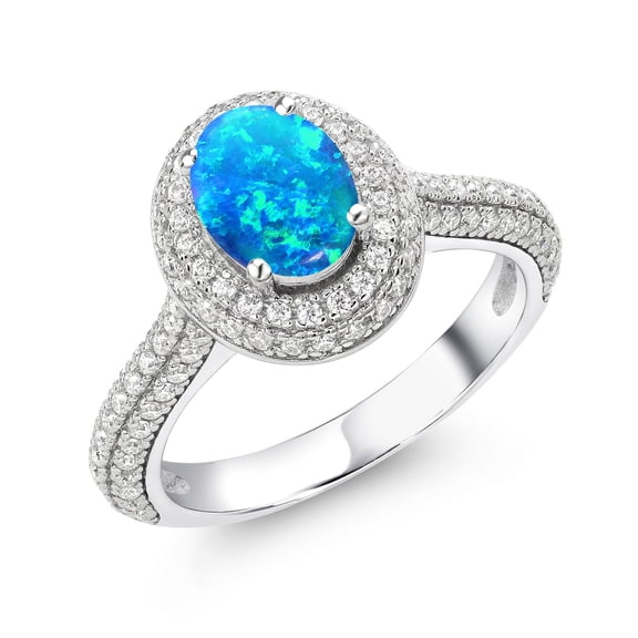 Gem Stone King 925 Sterling Silver Ring Oval/Cabochon Simulated Opal Moissanite (1.70 Cttw)