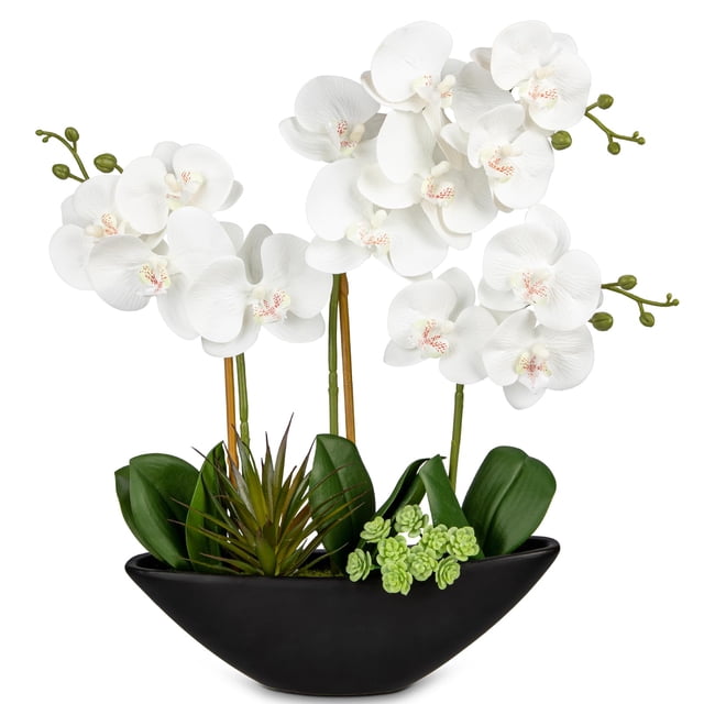 Orquídea artificial Briful, flores de seda blanca, 43 cm, con maceta