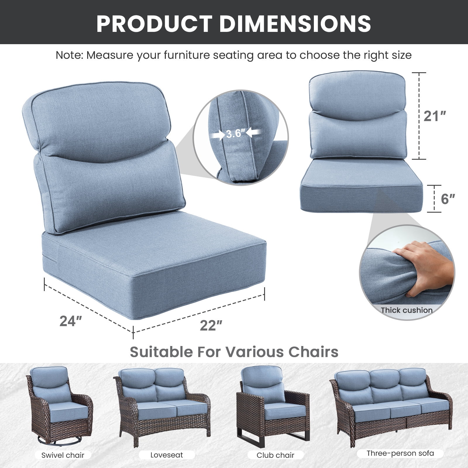 Bellefurn Outdoor Seat Cushions 22 X 24 X 6 inch for Patio Furniture,Outdoor Chair Cushions Outdoor Deep Seat Cushion with Water Resistant & Removable Cover Patio Cushions for Wicker Chair,Sofa,Couch
