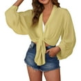 thumbnail image 4 of Pxiakgy Women's Deep V Neck Long Sleeve Tie Front Knot Chiffon Wrap Crop Top Blouse Swimwear Cover Ups Tops Self Tie Swimsuit Bikini Bathing Suit Long Sleeve Soft Beach Shirt for Women Yellow M, 4 of 9