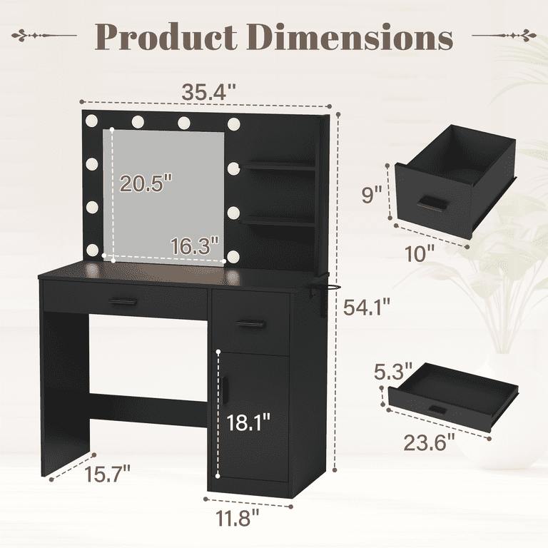 Lacoo Makeup Vanity Desk with Lights & Charging Station, Vanity Set with Mirror, Storage Shelves & Drawers, Vanity Table for Bedroom Dressing Room, Black
