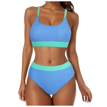 GEWSEY Women Bikini Sets High Waisted Bathing Suit - Sporty Two Piece Swimsuit Tummy Control Cheeky Modest Ribbed Neon Bikini Sky Blue  L