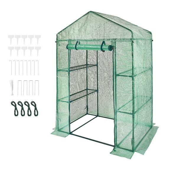 KFFKFF Walk-in Greenhouse, 4.6 x 2.4 x 6.7 ft, with Shelves, Durable PE Cover, Doors, Windows, and Steel Frame, Quick Setup for Gardening and Storage