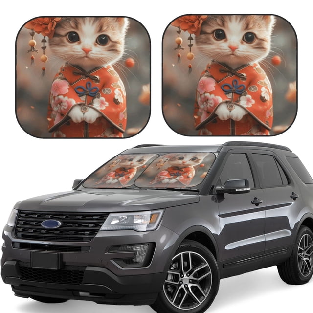 Saiise Adorable Chaton en Kimono pour Voiture Pliable Pare-Soleil (Lot de 2) Offre Protection Solaire avec un Design Pliable Facile pour Pare-Brise Pratique-Grand
